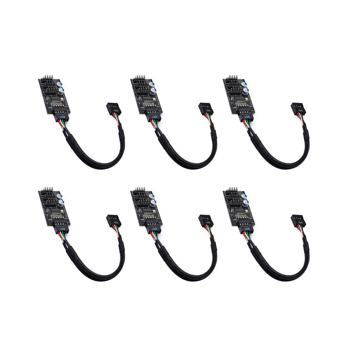 6 db USB hub készlet, 9 tűs, 1 az 3-hoz, USB 2.0, fekete, 30cm