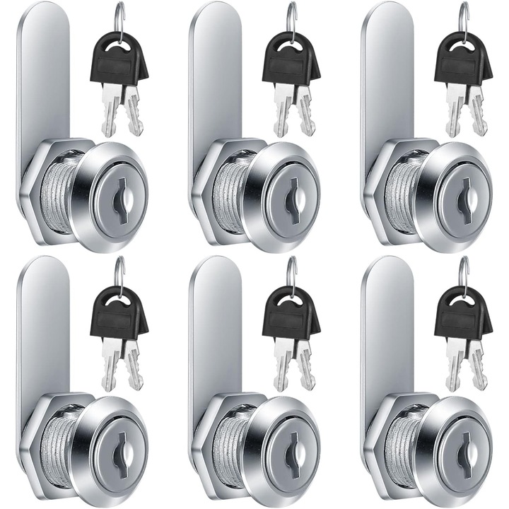 Set de 6 lacate pentru cutii postale, lacat cu cama de 16 mm, lacat de securitate cu chei pentru cutie postala, sertar, dulap si cilindru de dulap