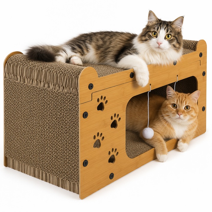 Casa pisici interactiva, 3 in 1 casa pat zgariator, 2 niveluri, jucarii incluse, 29.5 x 56 x 27 cm, carton ondulat HDF, Maro
