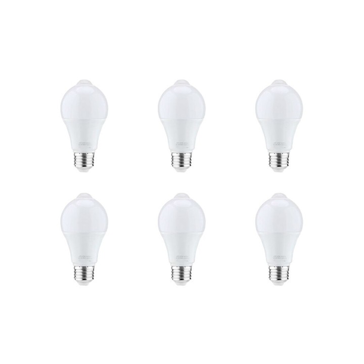 Set 6 Becuri LED cu Senzor de Miscare 12W, 1000LM, E26/B22, Alb Cald, 60x60x115mm