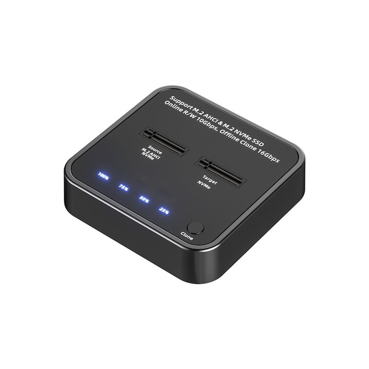 M.2 NVMe SSD klónozó dokkolóállomás, 2 rekeszes, USB-C 3.2 Gen2, 10 Gbit/s, fekete