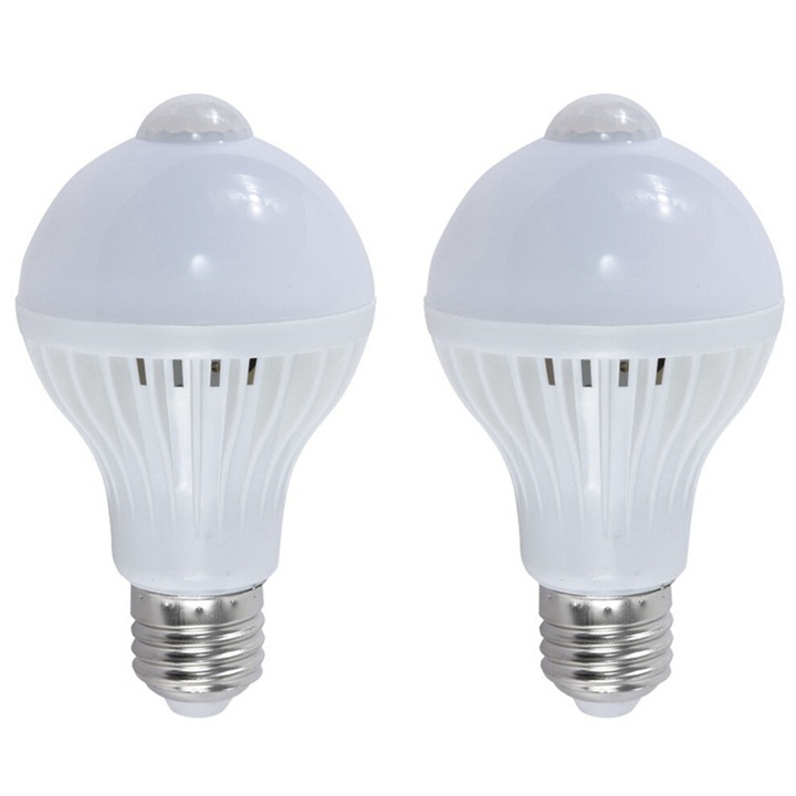 Set 2 Becuri LED cu Senzor de Miscare, Alb, 5W, 11,5x6cm