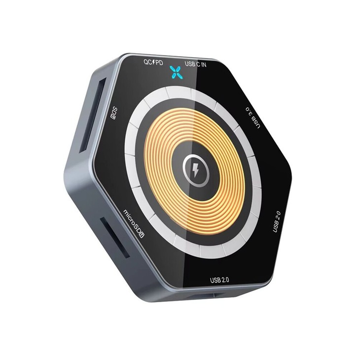 Hub USB-C 7 in 1, incarcare wireless 15W, cititor card TF, aluminiu, negru
