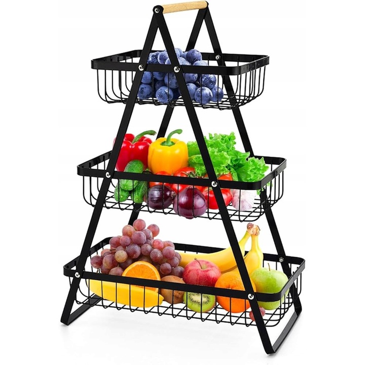 Cos de fructe si legume, Perfectlife, trei niveluri, metal, negru