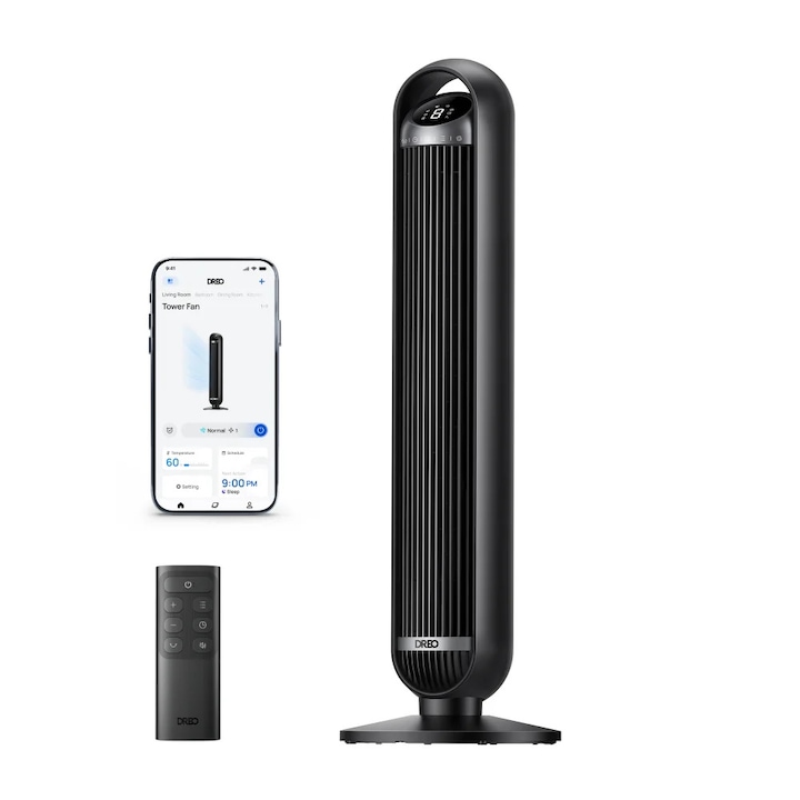 Ventilator Turn Smart Dreo DR-HTF013S, Telecomanda, 8 Viteze, 4 Moduri Functionare, Oscilatie Automata 90°, Timer 8H, Control WiFi, Motor DC Silentios, Negru