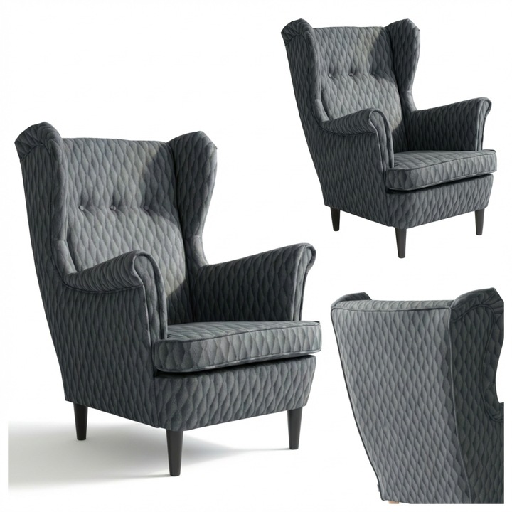 Skandináv fotel karfával, antracitszürke, varrásmintás, Design Family Meble