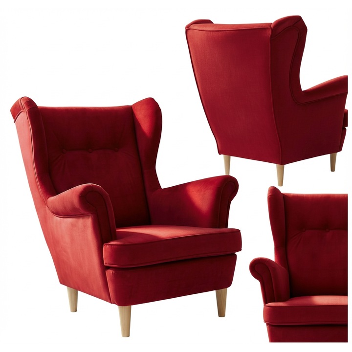 Skandináv füles fotel Royal Ari Family Meble Skandináv füles fotel, élénkpiros, bársonyos velúrból, Ari Family Meble