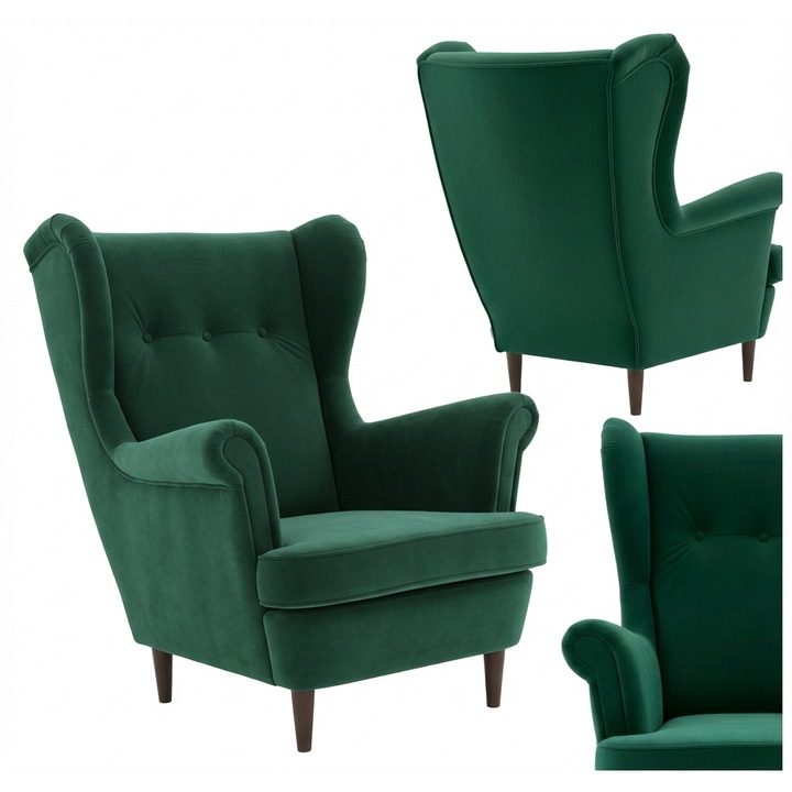 Skandináv füles fotel Royal Ari Family Meble Skandináv füles fotel, palackzöld, zöld velúr, Ari Family Meble