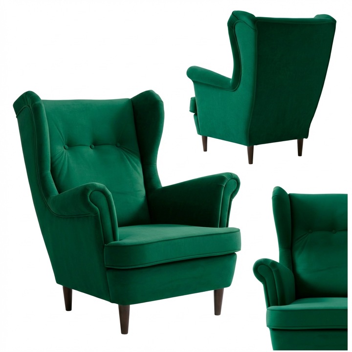 Skandináv fotel fülekkel Royal Ari Family Meble Skandináv fotel fülekkel, zöld, velúr, árnyalatokkal, Ari Family Meble