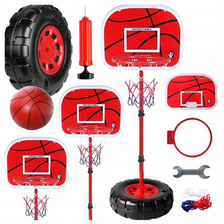 Set de baschet pentru copii, Stator, cos reglabil 120-170cm, minge, pompa, 28x38cm, multicolor