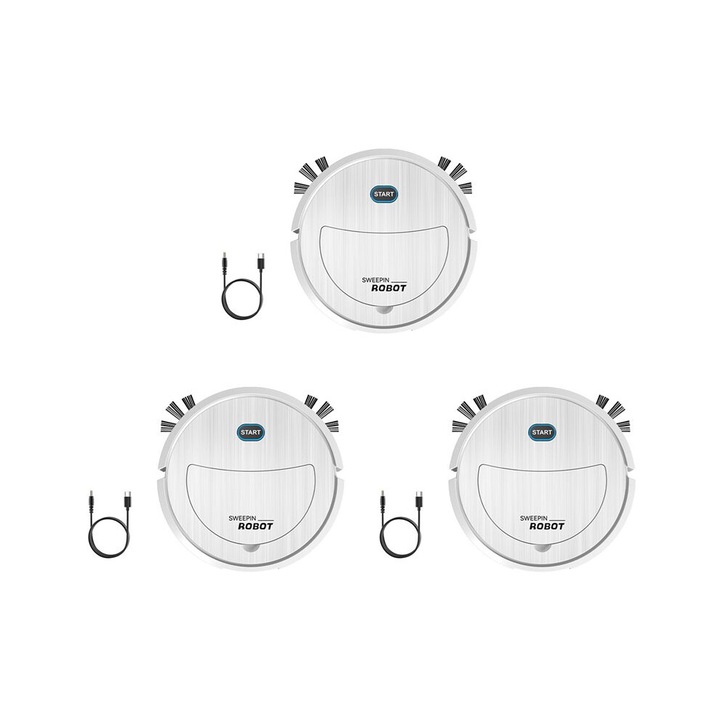 Set 3 Aspiratoare Robot 3 in 1 Electrice Ultra Subtiri, Albe, 9 Functii, pentru Apartamente Mici