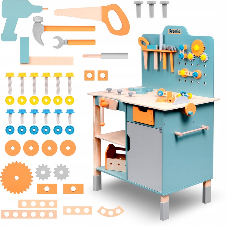 Set atelier pentru copii, Promis, 65 piese, din lemn, cu banc de lucru si unelte, multicolor