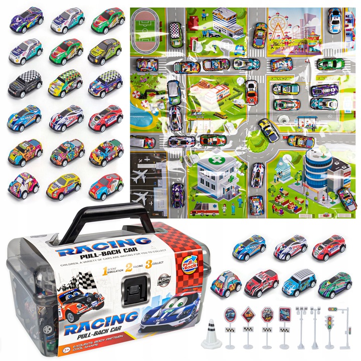 Голям комплект метални колички с аксесоари, click4TOYS, 25 броя, многоцветен, размери на колите 6,9x3,2x2,3cm, размери на куфара 22x13,5x16,5cm
