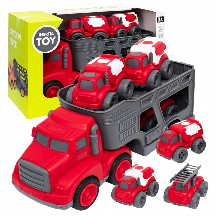 Set camion cu remorca si 3 vehicule, click4TOYS, 32x14x12cm, multicolor