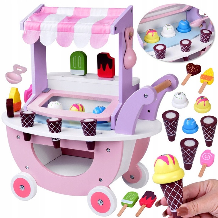 Bucatarie pentru copii, Jokomisiada, casuta de inghetata din lemn, set cu 8 inghetate, multicolor