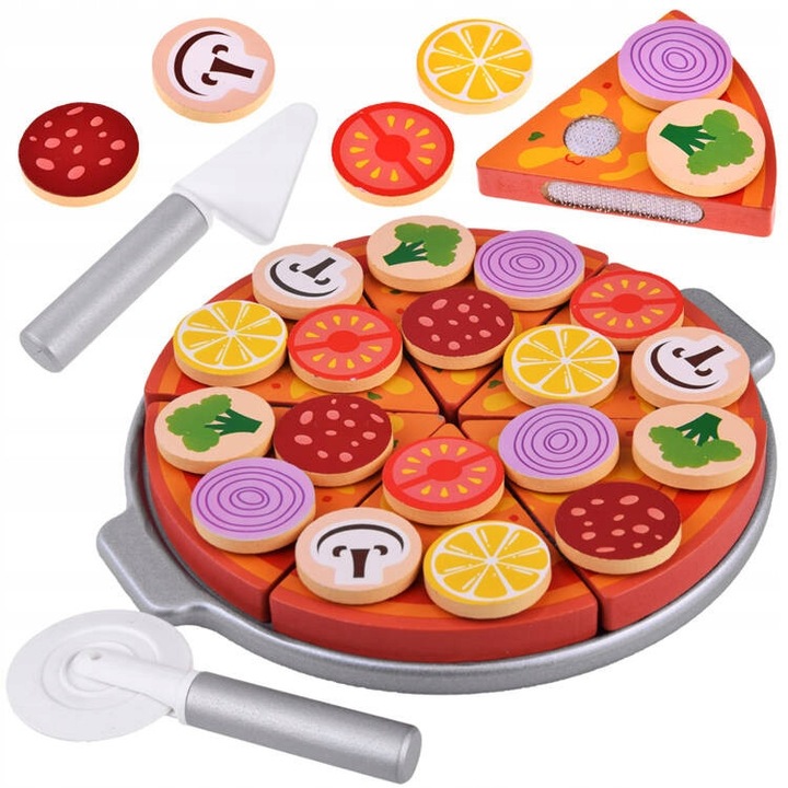 Set de pizza din lemn pentru copii, Jokomisiada, 6 felii, accesorii, multicolor, 16,5cm