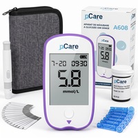 Glucometru pCare A608, Aparat de Masurat Glicemia Acasa, Kit Complet Glucometru cu Lancete si Teste Incluse, Dispozitiv Intepare 5 Trepte, cu Husa, Glucometru Fara Cod, Rezultat 5 Secunde, 0,7 µL, mg/dL si mmol/L, Glucometru Test Glicemie pentru Diabet