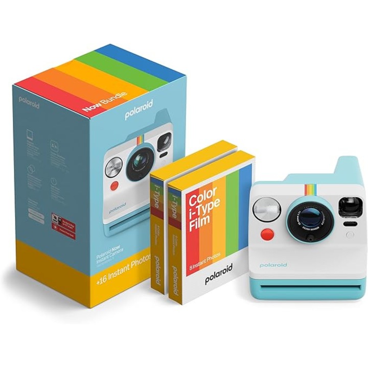 Aparat Foto Instant Polaroid Now Gen 3, Autofocus Dual Lens, Self Timer, Double Exposure, USB-C, Polar Blue + Pachet Film Color (16 Poze)
