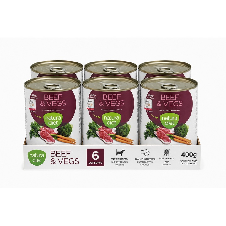 Set 6 Conserve Hrana Umeda Caini Natura Diet Beef & Vegs, Vita si Legume 400g, Hipoalergenica, Caini Adulti, Toate Taliile