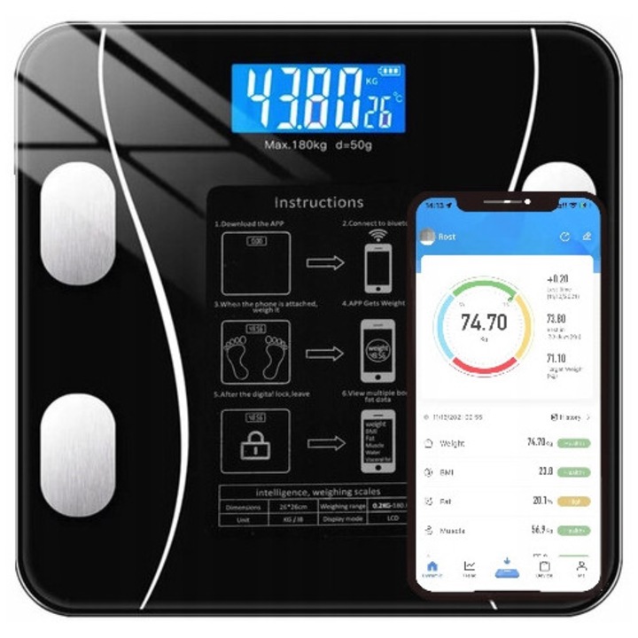 Аналитичен кантар за баня, 180кг, Bluetooth, елегантен дизайн, черен, 26x26x2,2см, комплект с 2 батерии AAA