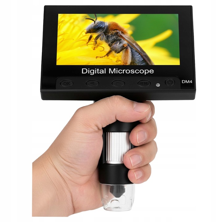 Цифров микроскоп Alvo DM4, цифрова лупа, с увеличение x1000, регулируема стойка, USB, LED, 4,3" LCD екран, черен, 1 бр