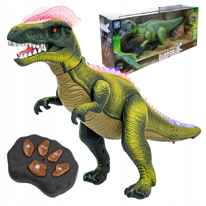 Robot dinozaur interactiv, click4TOYS, Dilophosaurus, efecte sonore si luminoase, 35x30x14cm