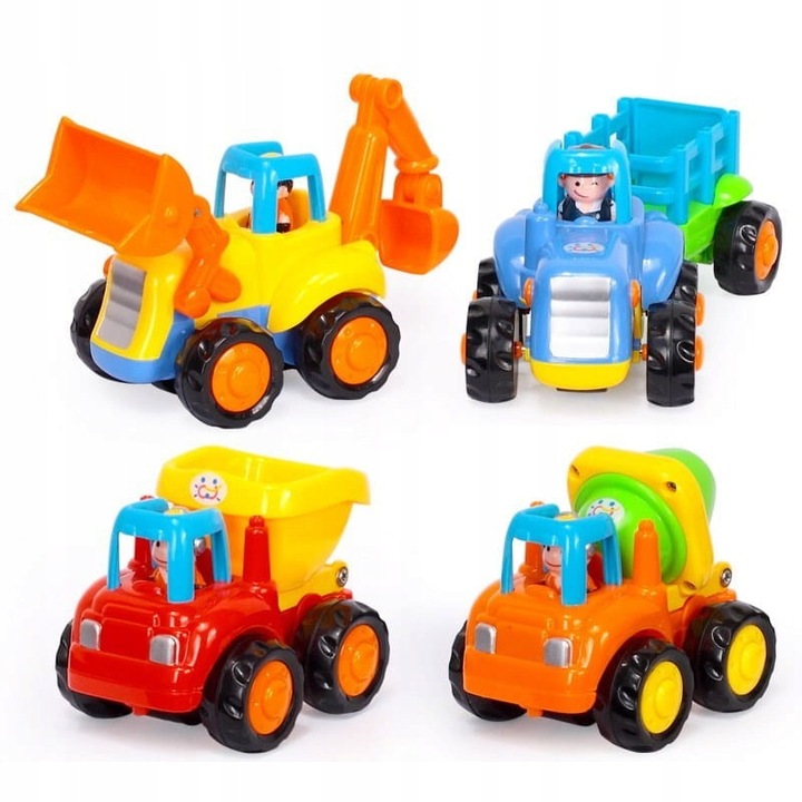 Set utilaje de constructie de jucarie Hola, tractor cu remorca, buldozer, excavator, camion basculant, betonita, multicolor, 18x7x8cm, 20x7x7cm, 9x7x7cm