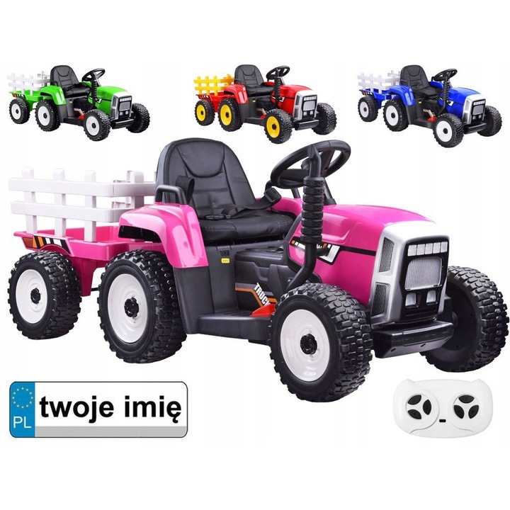 Tractor cu remorca electric, Jokomisiada, 2 motoare 12V, roz, 80x52x54cm