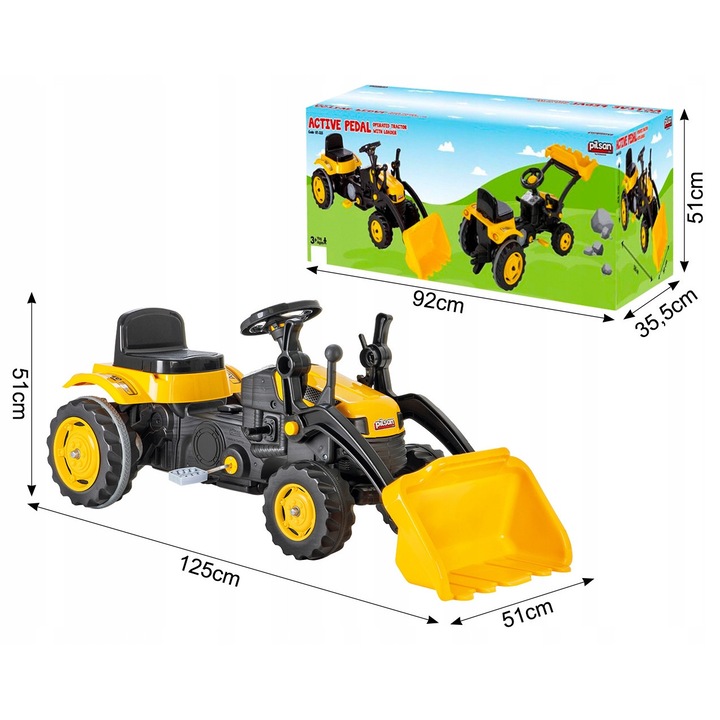 MalPlay pedálos traktor rakodóval, 51x125x51cm, 35kg, állítható üléssel, 3 éves kortól, fekete/sárga