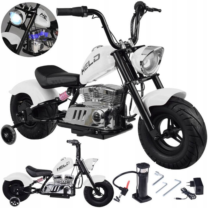 Motor electric Chopper pentru copii, Jokomisiada, 24V, alb, 122x62x66cm, set cu roti laterale