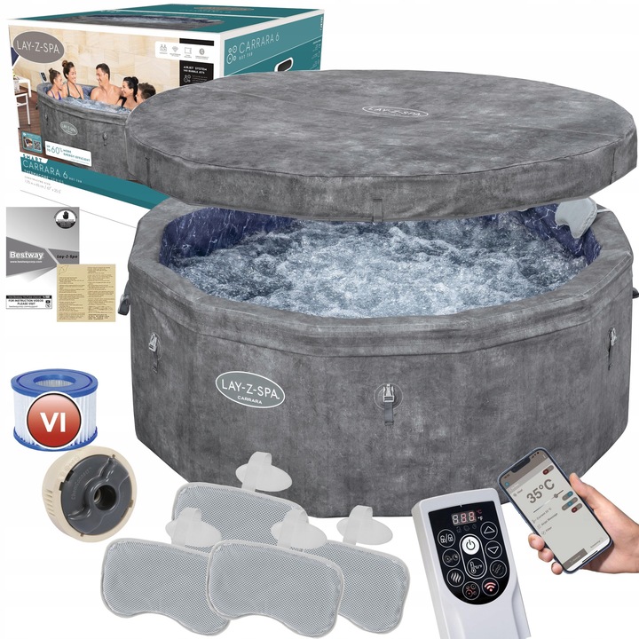 Хидромасажен басейн Bestway Lay-Z-Spa Carrara, 140 дюзи, Wi-Fi, 850L, 170x65cm, 4-6 души