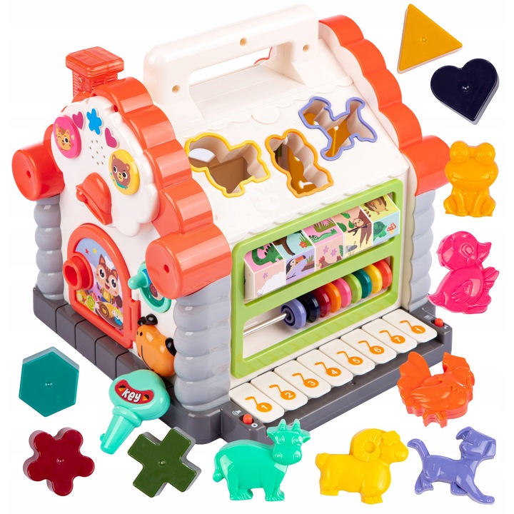 Interaktív házikó, Kinderplay, formaválogató 11 db 3D kockával, hangeffektekkel, 23x23x23cm, 18 hónapos kortól