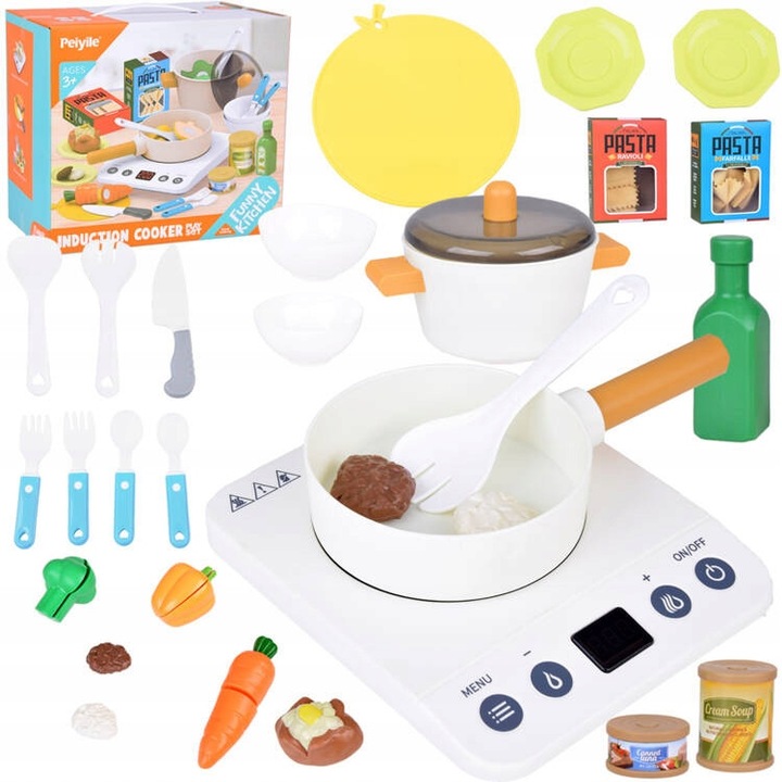 Set bucatarie copii, Jokomisiada, cu aragaz interactiv, accesorii si legume de taiat, multicolor