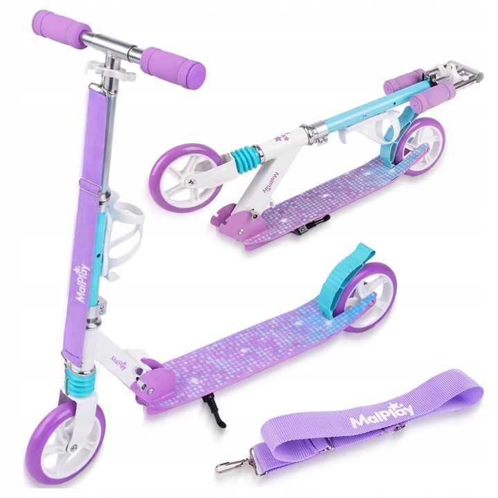 MalPlay összecsukható roller, fehér-lila-kék, lengéscsillapítással, 145 mm-es kerekekkel, kulacstartóval