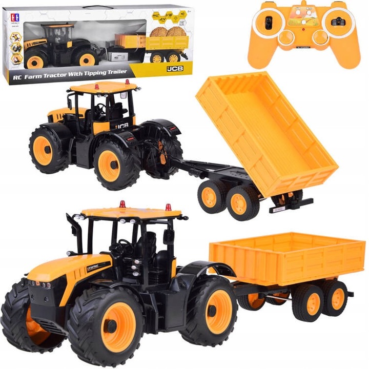 JCB traktor pótkocsival, 1:16, billenő funkció, sárga, 69x21x17cm