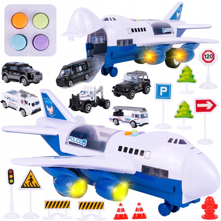 Interaktív A380 repülőgép, MalPlay, fehér-kék, fény- és hangeffektekkel, 6 rendőrségi járművel, 38x31,5x16,5cm