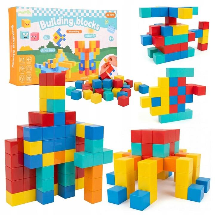 Építőjáték készlet, 68 mágneses építőkocka, Malplay, 2D és 3D, élénk színek, 17x23x5cm
