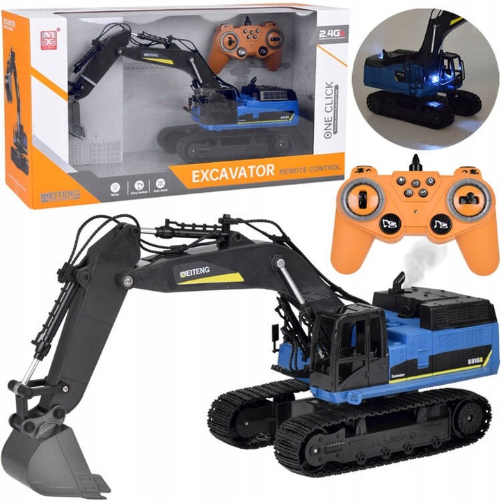 Excavator de jucarie Jokomisiada, cu efect de fum, sunet si lumina LED, controlat prin telecomanda, 40x20x13cm, set complet