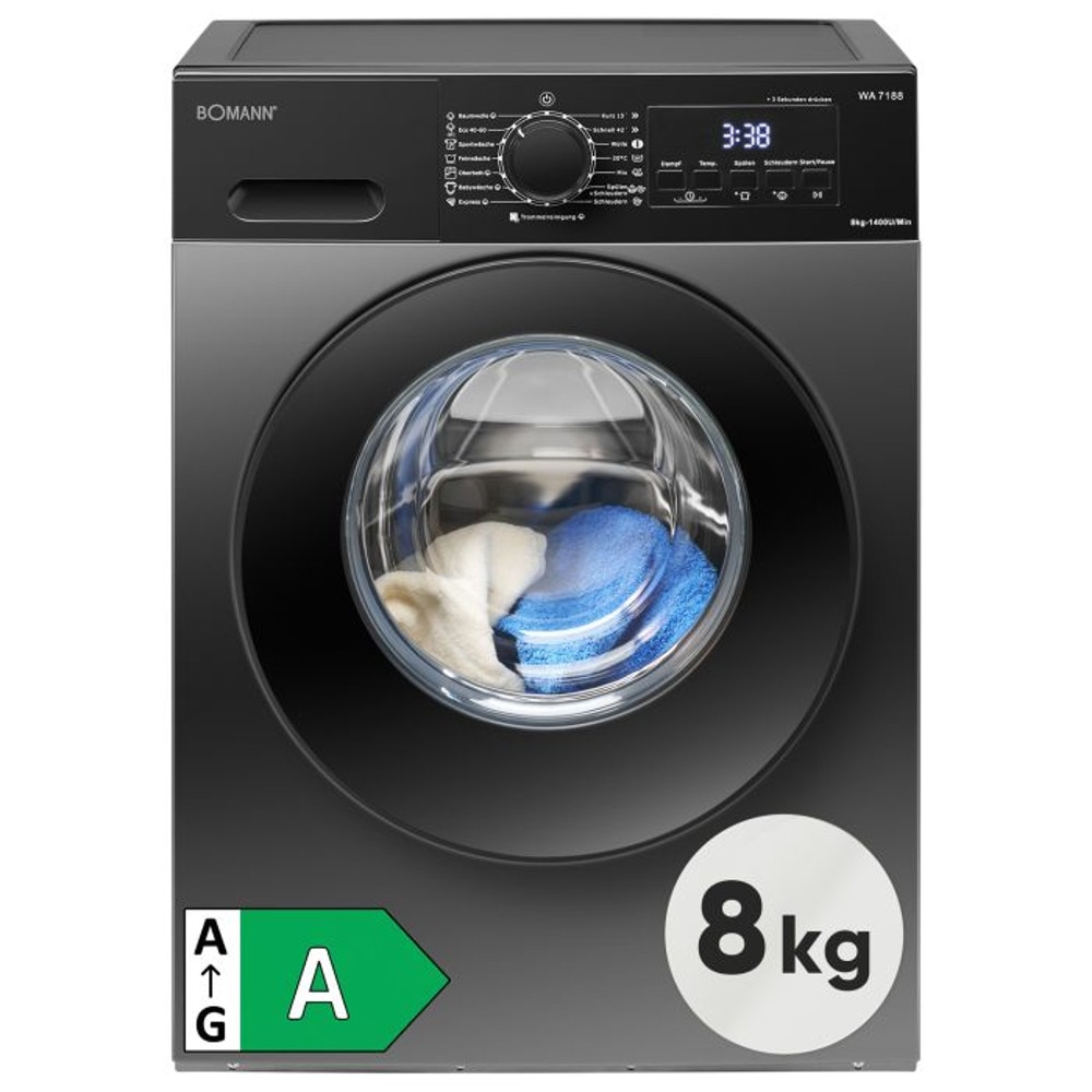 Masina de spalat rufe Bomann, latime 59.5 cm, capacitate max. spalare 8 kg, motor cu tehnologie Inverter, clasa A, 15 programe prestabilite + optiuni extra, steam/extra clatire/prespalare, viteza de centrifugare reglabila, selectare temperatura, antracit