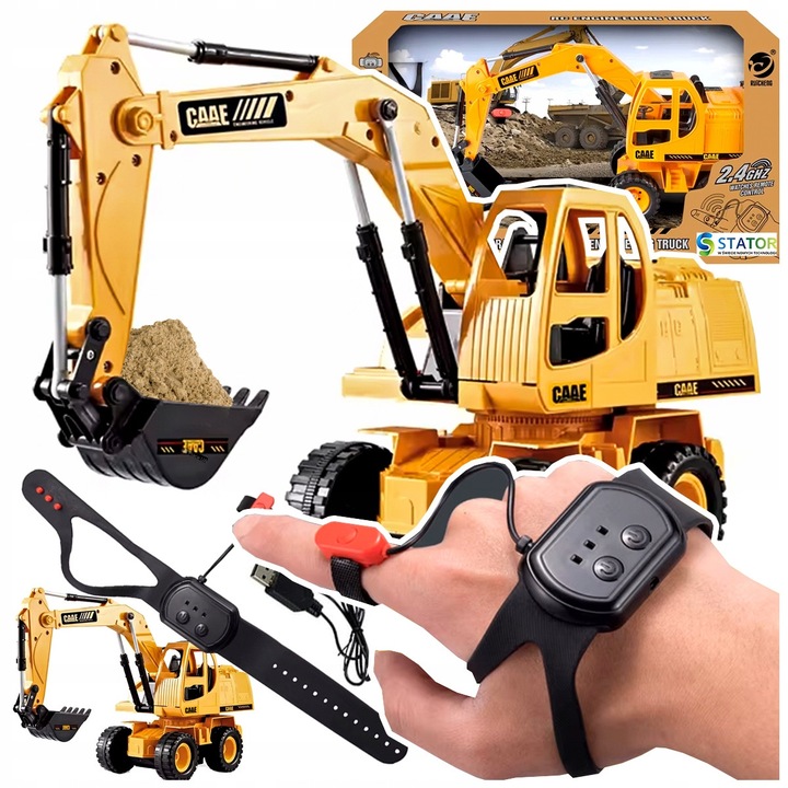 Excavator cu telecomanda Stator, RC, 4x4, 45x15x29cm, Multicolor, Set cu pilot si cablu de incarcare