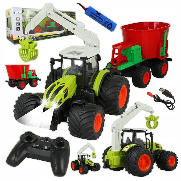 Tractor cu telecomanda Stator scara 1:24, masina RC cu pilot 2.4GHz, acumulator 500mAh inclus, efecte LED, brat cu cleste rotativ 360° si remorca detasabila, Multicolor, 1 buc