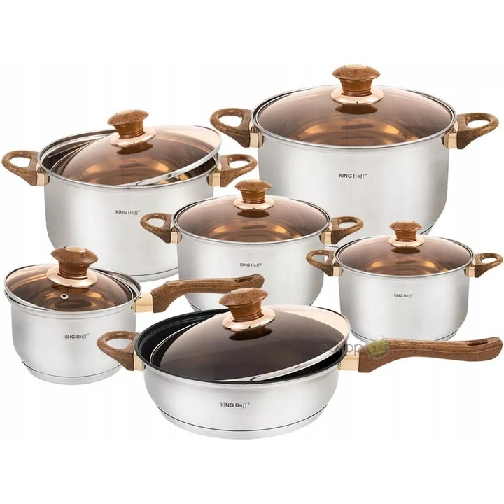 Kinghoff 12 részes rozsdamentes acél edénykészlet, 6,6L, 3,9L, 2,9L, 2,1L, 3,4L, üvegfedővel, ergonomikus, többszínű