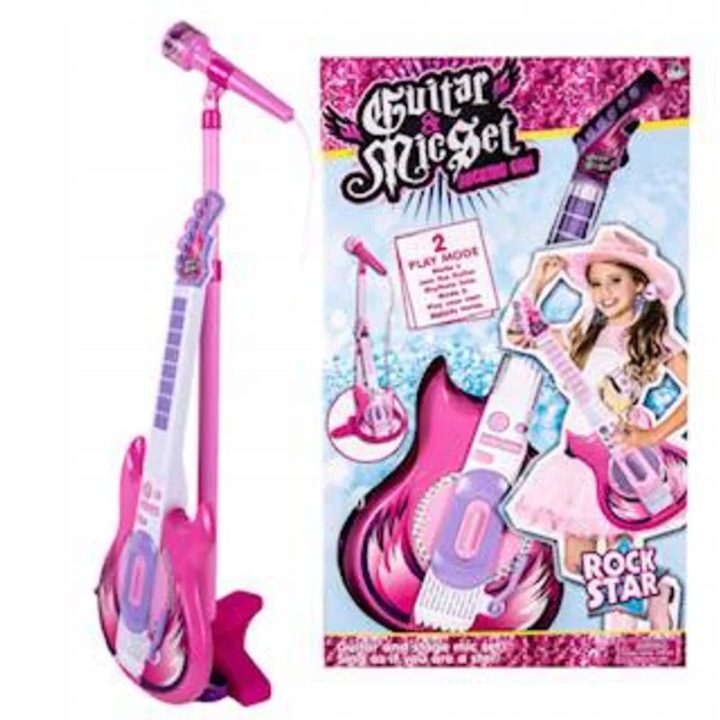 MalPlay rózsaszín elektromos gitár szett gyerekeknek, mikrofonnal állványon, 57x22cm, 8 gomb, állvány magassága 57-97cm