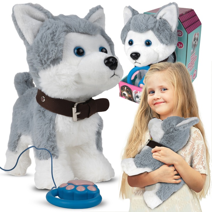 Caine interactiv Husky, MalPlay, control vocal si tactil, 23x14x24cm, pentru copii de la 3 ani, gri/alb