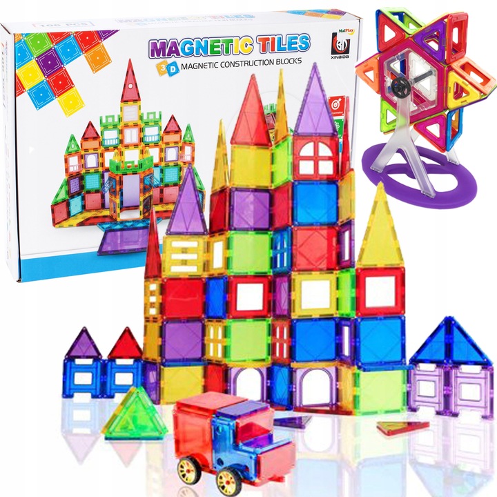 MalPlay 3D mágneses építőjáték készlet, 106 elem, élénk színek, méret 47x7x29cm