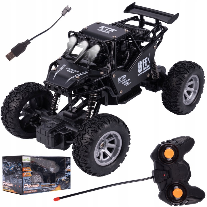 RC terepjáró MalPlay Adventure Pioneer, fekete, 19,5x12x12,6cm, LED-ekkel és független felfüggesztéssel, komplett szett
