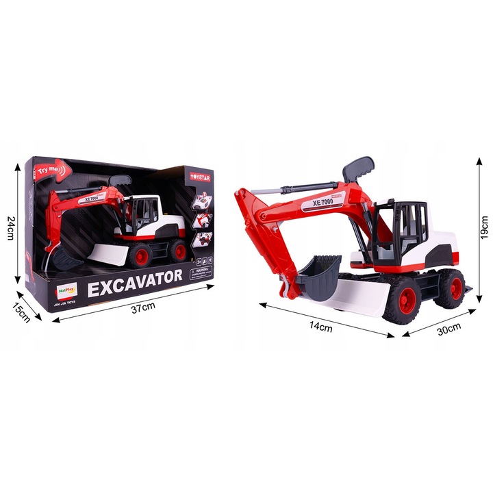 Excavator de jucarie MalPlay, cu functii sonore si luminoase, 30x14x19cm, pentru copii de la 3 ani, set complet