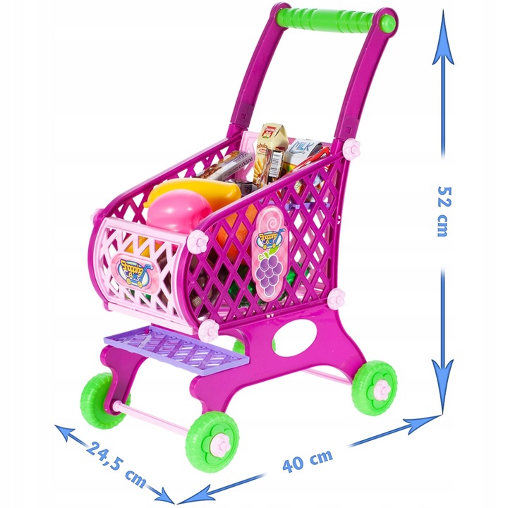 Carucior de cumparaturi roz cu 18 accesorii, Poves, dimensiuni 40x24,5x52cm, pentru copii de la 3 ani