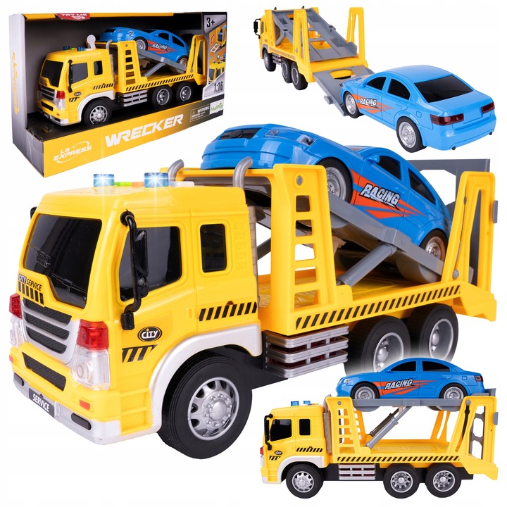 Camioneta remorca MalPlay cu efecte sonore si lumini, set cu masina de curse, 26x9x10,2cm, galben si albastru
