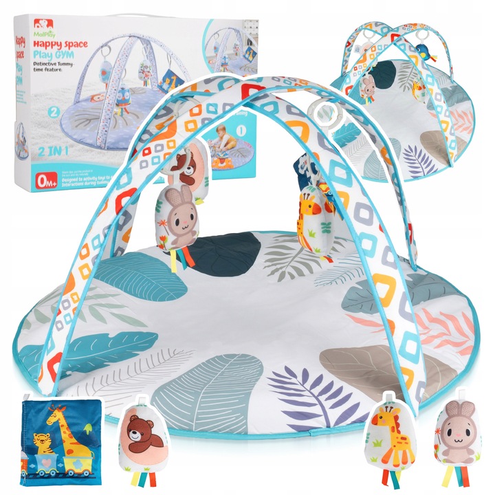 Mata educationala 2 in 1 Malplay, cu 4 jucarii suspendate, dimensiuni 76x76x46cm, culori pastelate